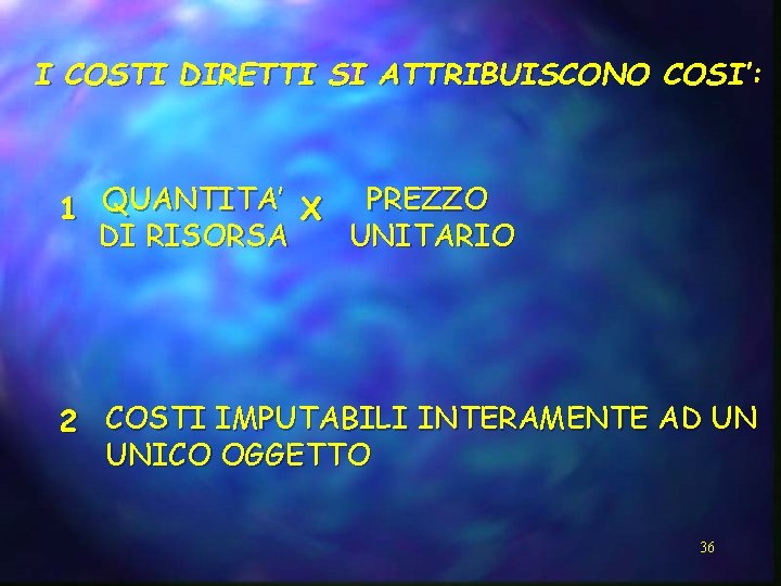 I COSTI DIRETTI SI ATTRIBUISCONO COSI’: 1 QUANTITA’ X PREZZO DI RISORSA UNITARIO 2