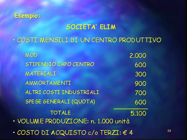 Esempio: SOCIETA’ ELIM • COSTI MENSILI DI UN CENTRO PRODUTTIVO MOD STIPENDIO CAPO CENTRO