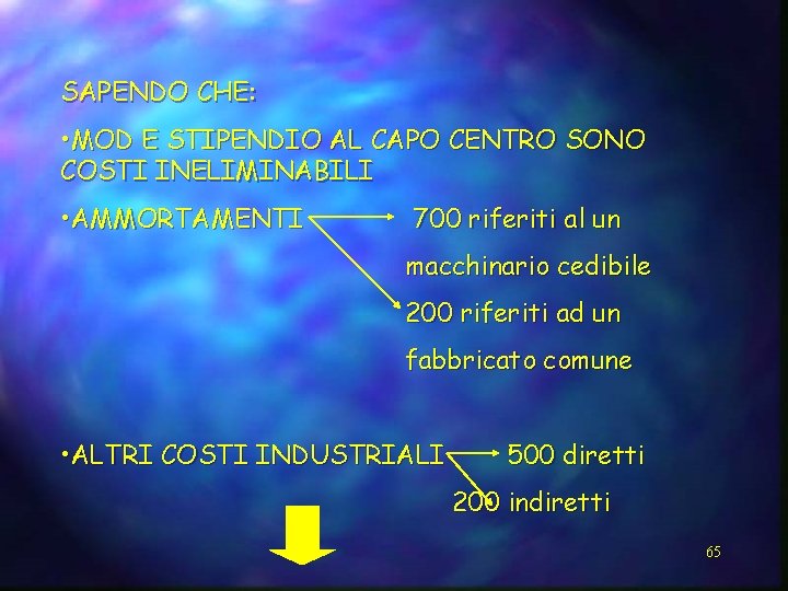 SAPENDO CHE: • MOD E STIPENDIO AL CAPO CENTRO SONO COSTI INELIMINABILI • AMMORTAMENTI