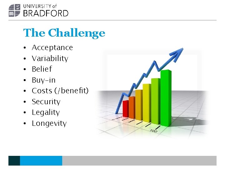 The Challenge • • Acceptance Variability Belief Buy-in Costs (/benefit) Security Legality Longevity The Challenge • • Acceptance Variability Belief Buy-in Costs (/benefit) Security Legality Longevity
