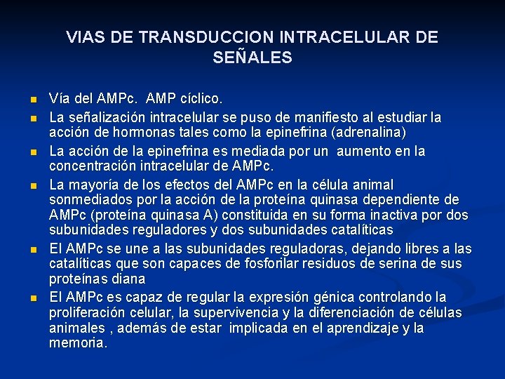 VIAS DE TRANSDUCCION INTRACELULAR DE SEÑALES n n n Vía del AMPc. AMP cíclico.