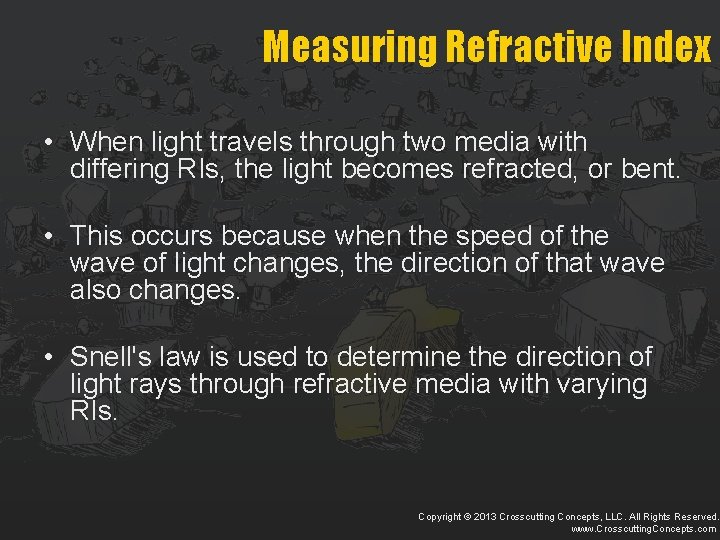 Measuring Refractive Index • When light travels through two media with differing RIs, the