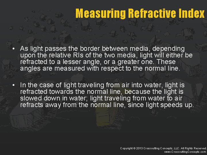 Measuring Refractive Index • As light passes the border between media, depending upon the