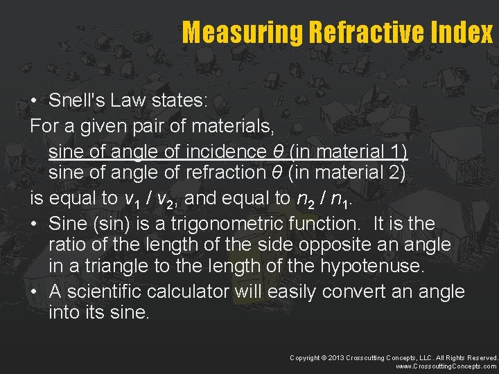 Measuring Refractive Index • Snell's Law states: For a given pair of materials, sine