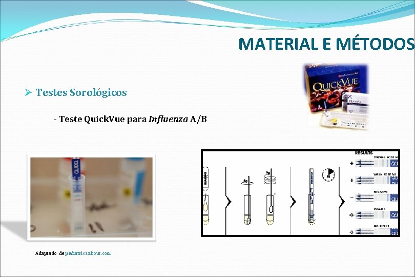 MATERIAL E MÉTODOS Ø Testes Sorológicos - Teste Quick. Vue para Influenza A/B Adaptado