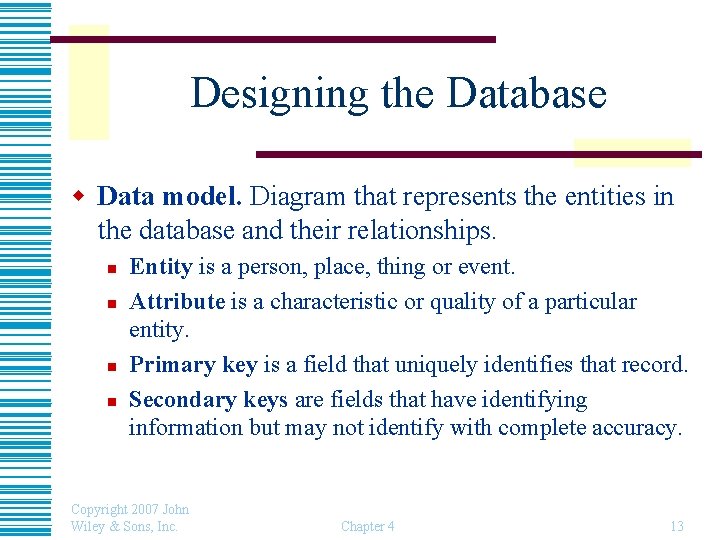 Designing the Database w Data model. Diagram that represents the entities in the database