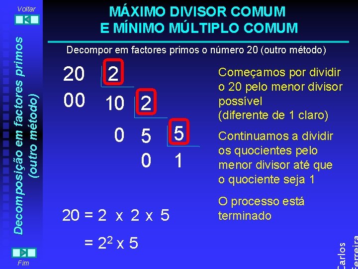 Fim MÁXIMO DIVISOR COMUM E MÍNIMO MÚLTIPLO COMUM Decompor em factores primos o número