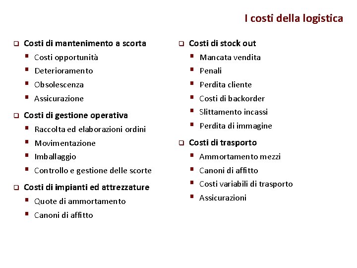 I costi della logistica q Costi di mantenimento a scorta § § q Deterioramento