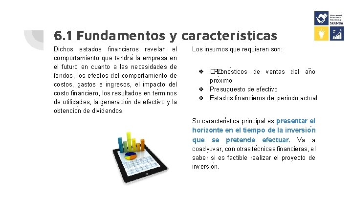 6. 1 Fundamentos y características Dichos estados financieros revelan el comportamiento que tendra la