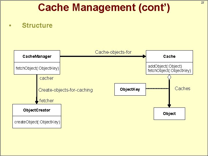 21 Cache Management (cont’) • Structure Cache. Manager Cache-objects-for Cache add. Object(: Object) fetch.