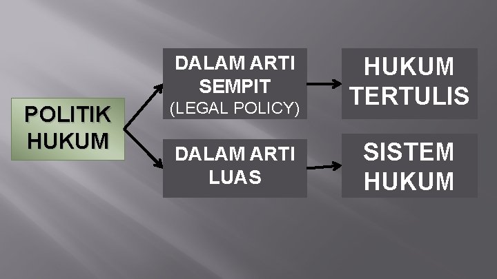 DALAM ARTI SEMPIT POLITIK HUKUM (LEGAL POLICY) HUKUM TERTULIS DALAM ARTI LUAS SISTEM HUKUM