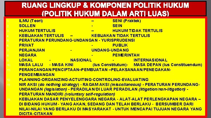 RUANG LINGKUP & KOMPONEN POLITIK HUKUM (POLITIK HUKUM DALAM ARTI LUAS) 1. 2. 3.