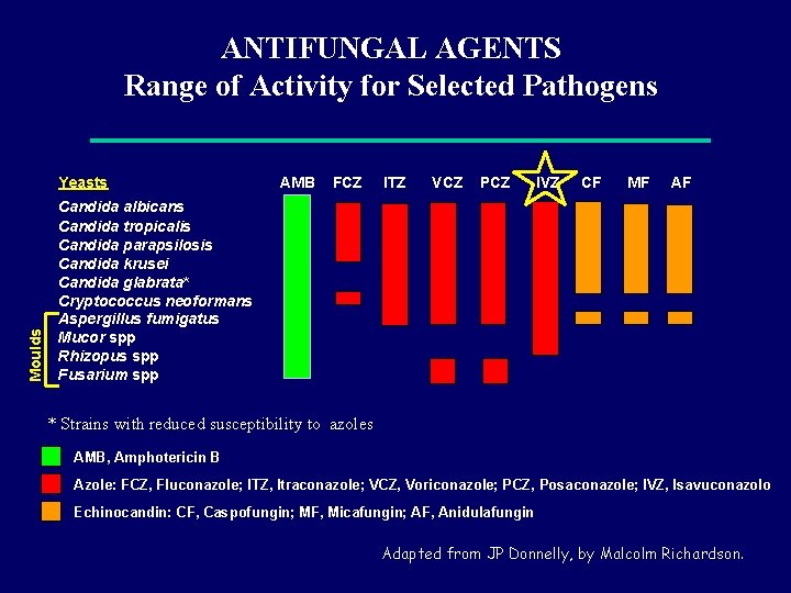 ANTIFUNGAL AGENTS Range of Activity for Selected Pathogens Moulds Yeasts AMB FCZ ITZ VCZ