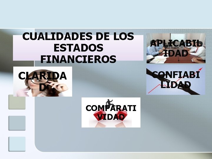 CUALIDADES DE LOS ESTADOS FINANCIEROS APLICABIL IDAD CONFIABI LIDAD CLARIDA D COMPARATI VIDAD 