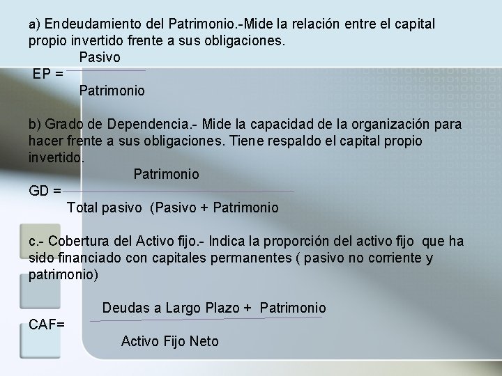 a) Endeudamiento del Patrimonio. -Mide la relación entre el capital propio invertido frente a
