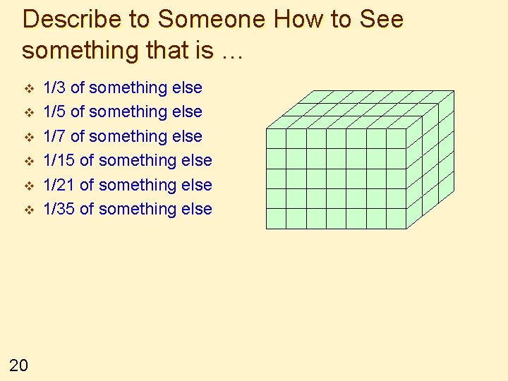 Describe to Someone How to See something that is … v v v 20
