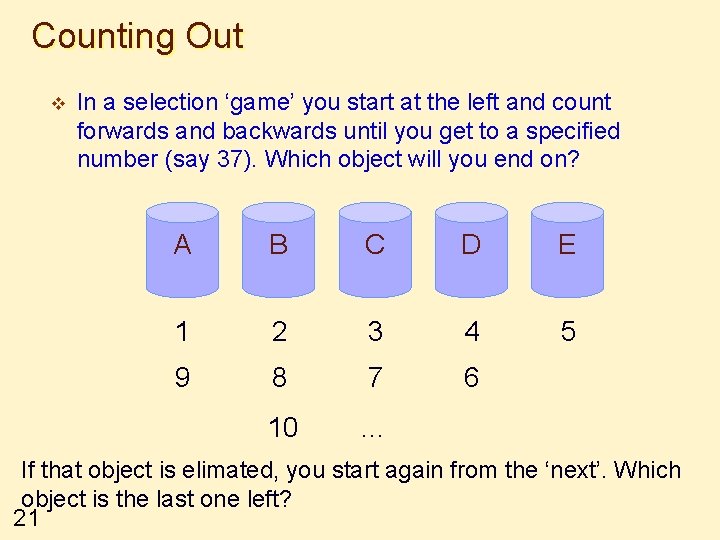 Counting Out v In a selection ‘game’ you start at the left and count