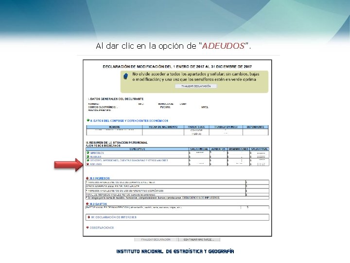 Al dar clic en la opción de “ADEUDOS”. 