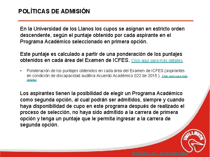 POLÍTICAS DE ADMISIÓN En la Universidad de los Llanos los cupos se asignan en