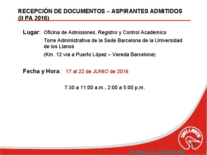 RECEPCIÓN DE DOCUMENTOS – ASPIRANTES ADMITIDOS (II PA 2016) Lugar: Oficina de Admisiones, Registro