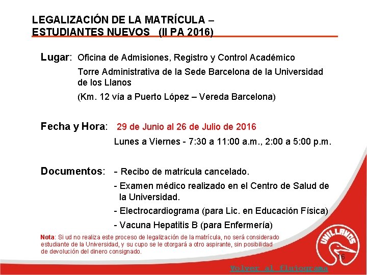 LEGALIZACIÓN DE LA MATRÍCULA – ESTUDIANTES NUEVOS (II PA 2016) Lugar: Oficina de Admisiones,