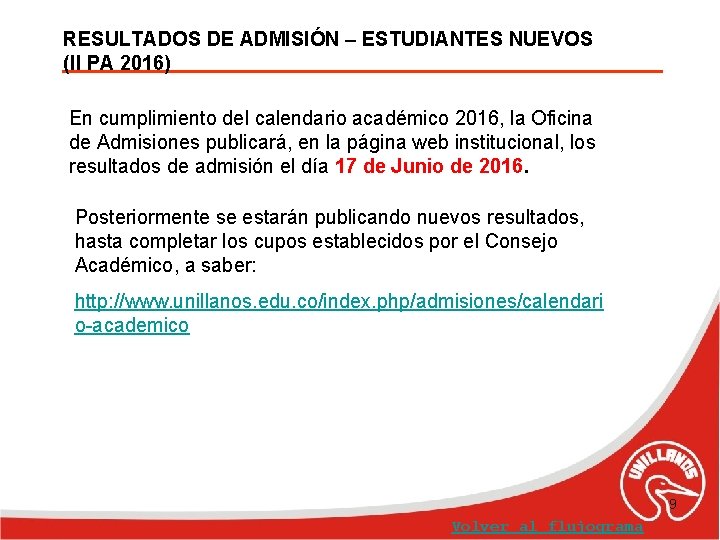 RESULTADOS DE ADMISIÓN – ESTUDIANTES NUEVOS (II PA 2016) En cumplimiento del calendario académico