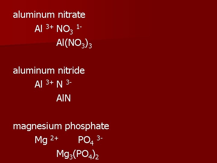 aluminum nitrate Al 3+ NO 3 1 Al(NO 3)3 aluminum nitride Al 3+ N
