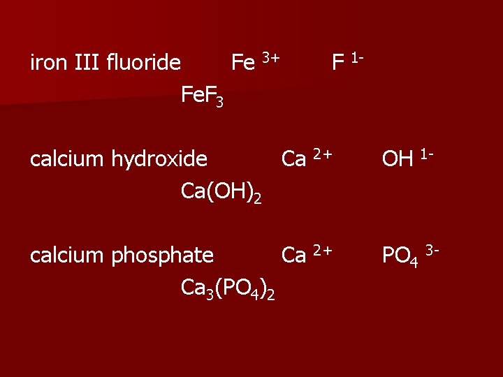 iron III fluoride Fe 3+ Fe. F 3 F 1 - calcium hydroxide Ca