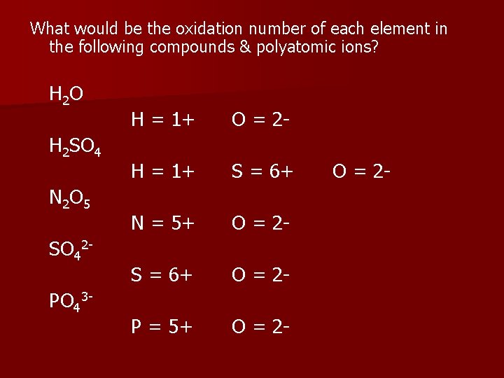 What would be the oxidation number of each element in the following compounds &