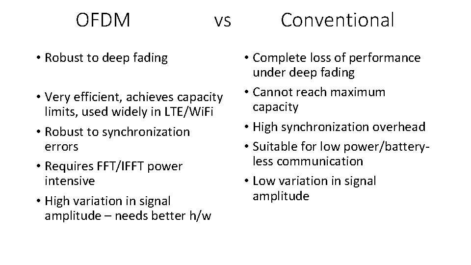 OFDM vs • Robust to deep fading • Very efficient, achieves capacity limits, used
