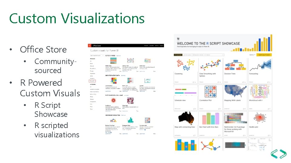 Custom Visualizations • Office Store • Communitysourced • R Powered Custom Visuals • •