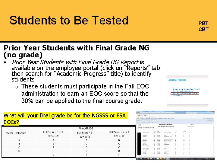 Students to Be Tested PBT CBT Prior Year Students with Final Grade NG (no