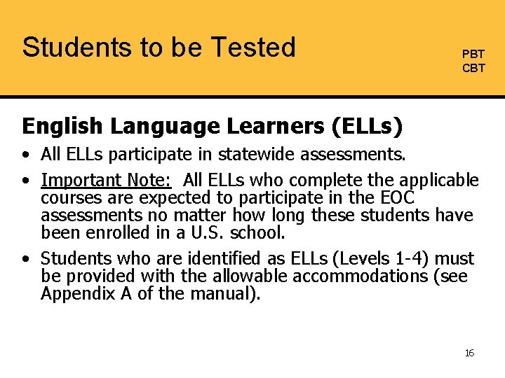 Students to be Tested PBT CBT English Language Learners (ELLs) • All ELLs participate