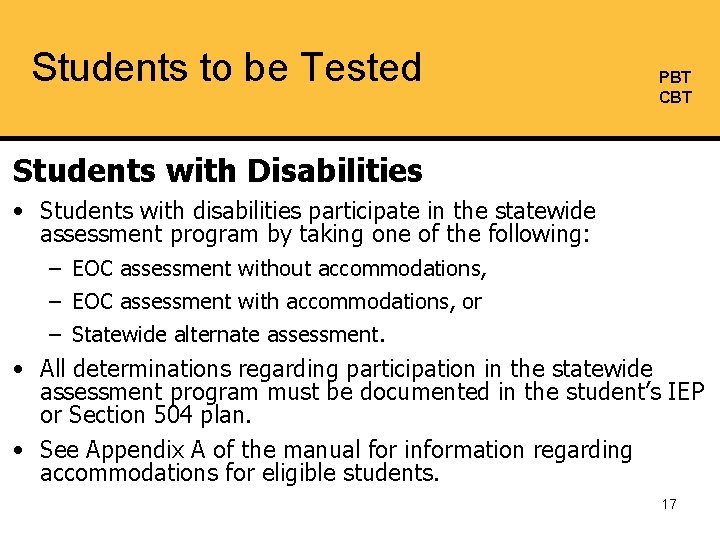 Students to be Tested PBT CBT Students with Disabilities • Students with disabilities participate