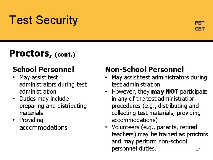 Test Security PBT CBT Proctors, (cont. ) School Personnel • May assist test administrators