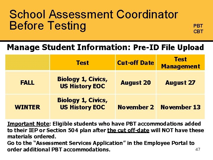 School Assessment Coordinator Before Testing PBT CBT Manage Student Information: Pre-ID File Upload Test