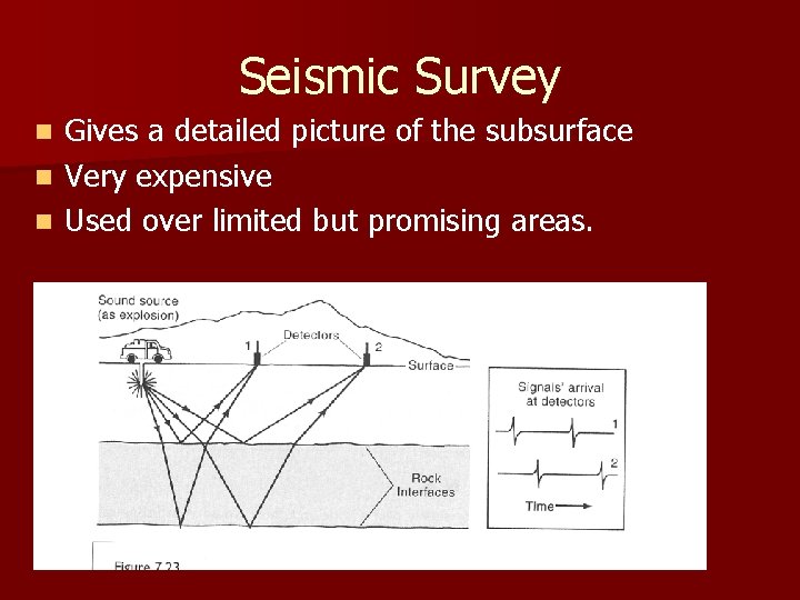 Seismic Survey Gives a detailed picture of the subsurface n Very expensive n Used