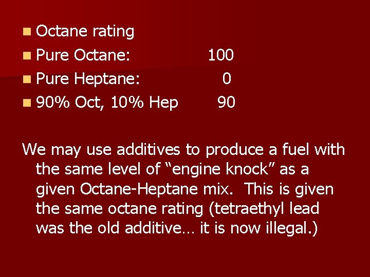 n Octane rating n Pure Octane: n Pure Heptane: n 90% Oct, 10% Hep