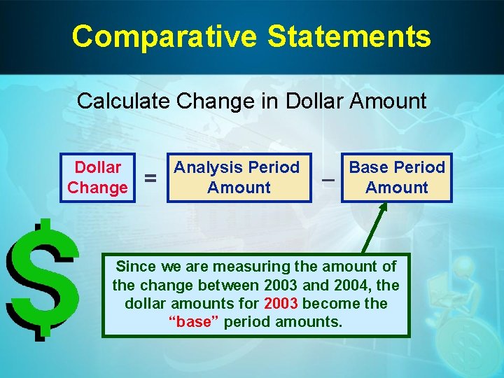 Comparative Statements Calculate Change in Dollar Amount Dollar Change = Analysis Period Amount –