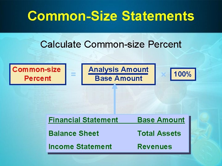 Common-Size Statements Calculate Common-size Percent = Analysis Amount Base Amount × 100% Financial Statement