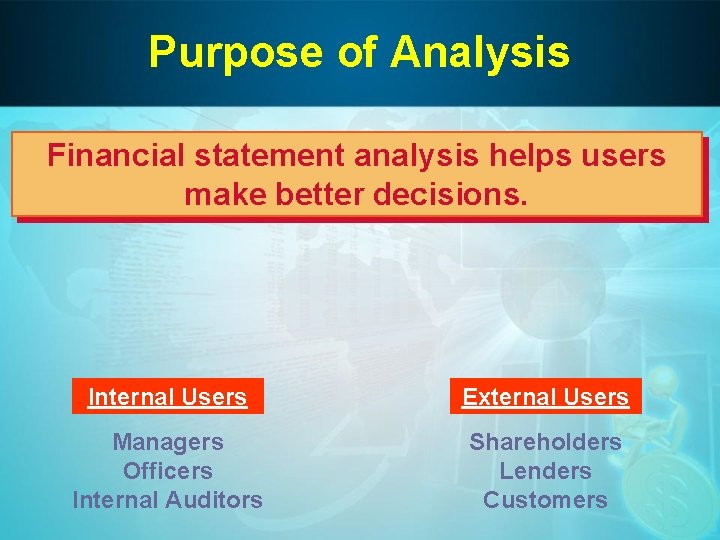 Purpose of Analysis Financial statement analysis helps users make better decisions. Internal Users External