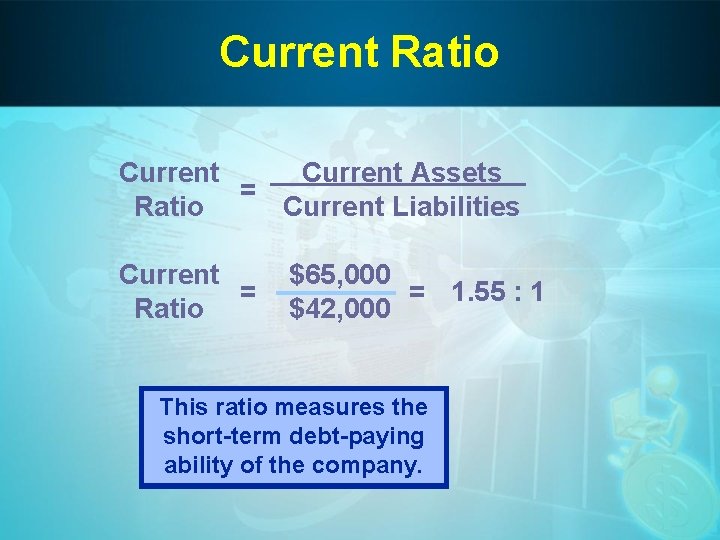 Current Ratio Current Assets = Ratio Current Liabilities Current = Ratio $65, 000 =