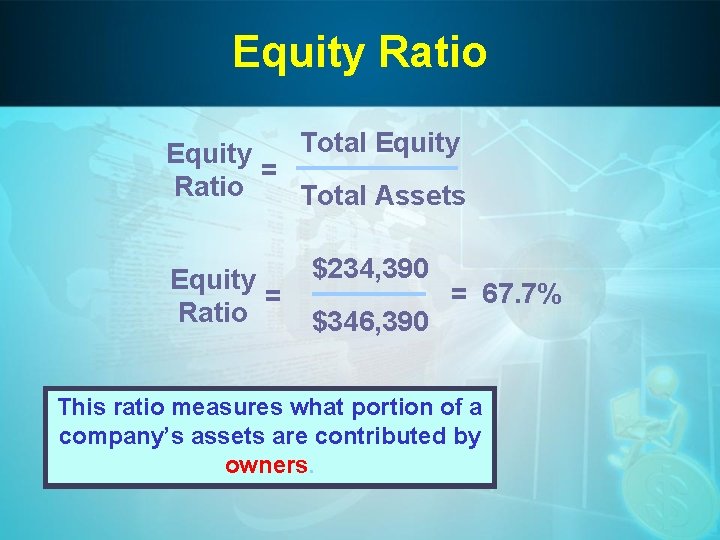 Equity Ratio Total Equity = Ratio Total Assets Equity = Ratio $234, 390 $346,