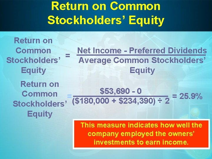 Return on Common Stockholders’ Equity Return on Common Net Income - Preferred Dividends =