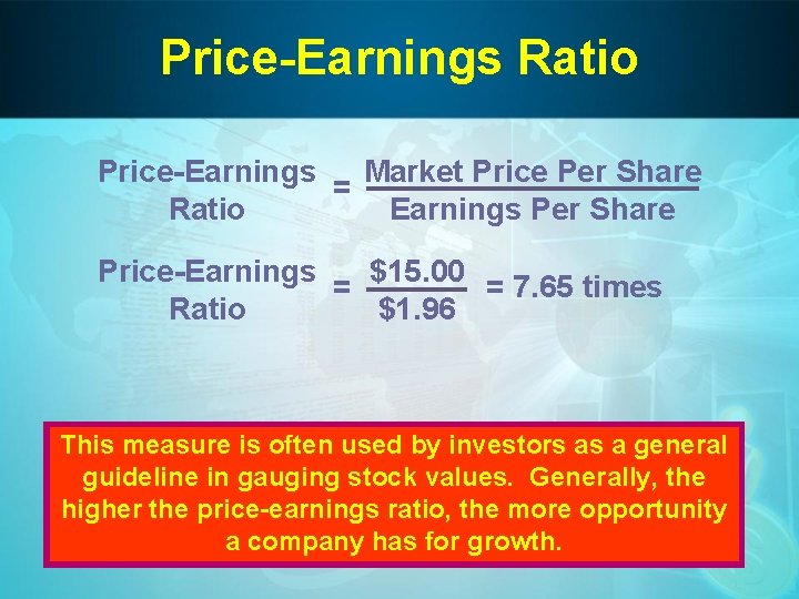 Price-Earnings Ratio Price-Earnings Market Price Per Share = Ratio Earnings Per Share Price-Earnings $15.