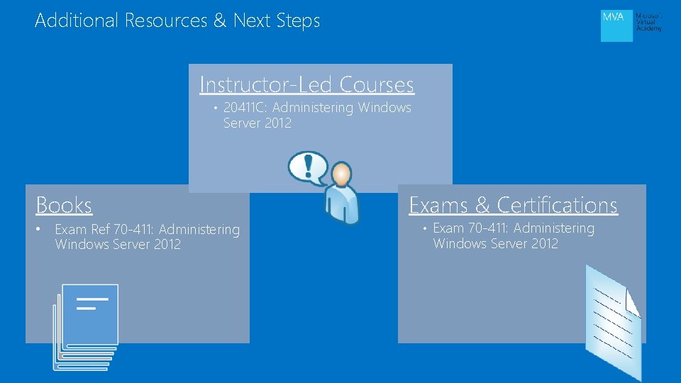 Additional Resources & Next Steps Instructor-Led Courses • 20411 C: Administering Windows Server 2012