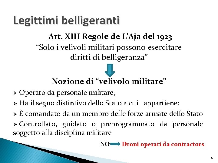 Legittimi belligeranti Art. XIII Regole de L’Aja del 1923 “Solo i velivoli militari possono
