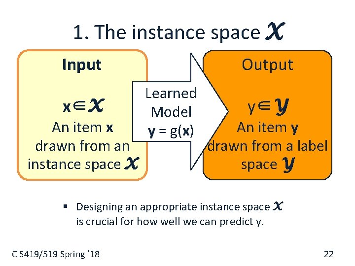 1. The instance space X Input x∈X An item x drawn from an instance