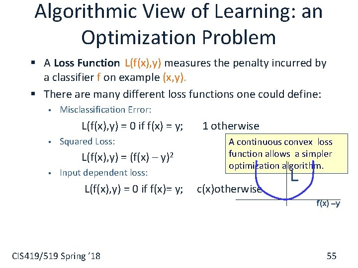 Algorithmic View of Learning: an Optimization Problem § A Loss Function L(f(x), y) measures