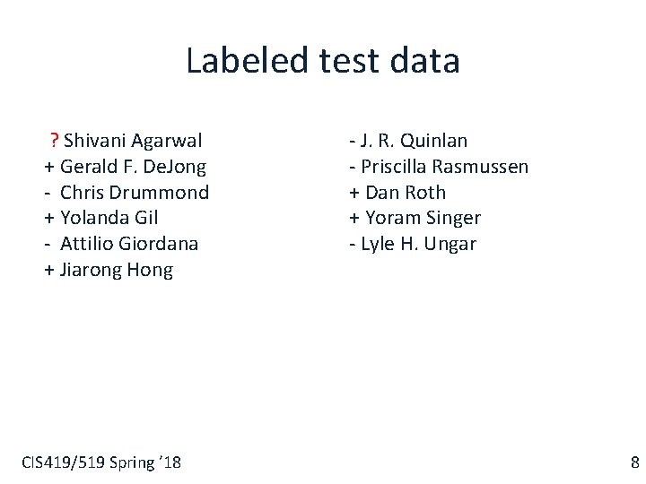 Labeled test data ? Shivani Agarwal + Gerald F. De. Jong - Chris Drummond